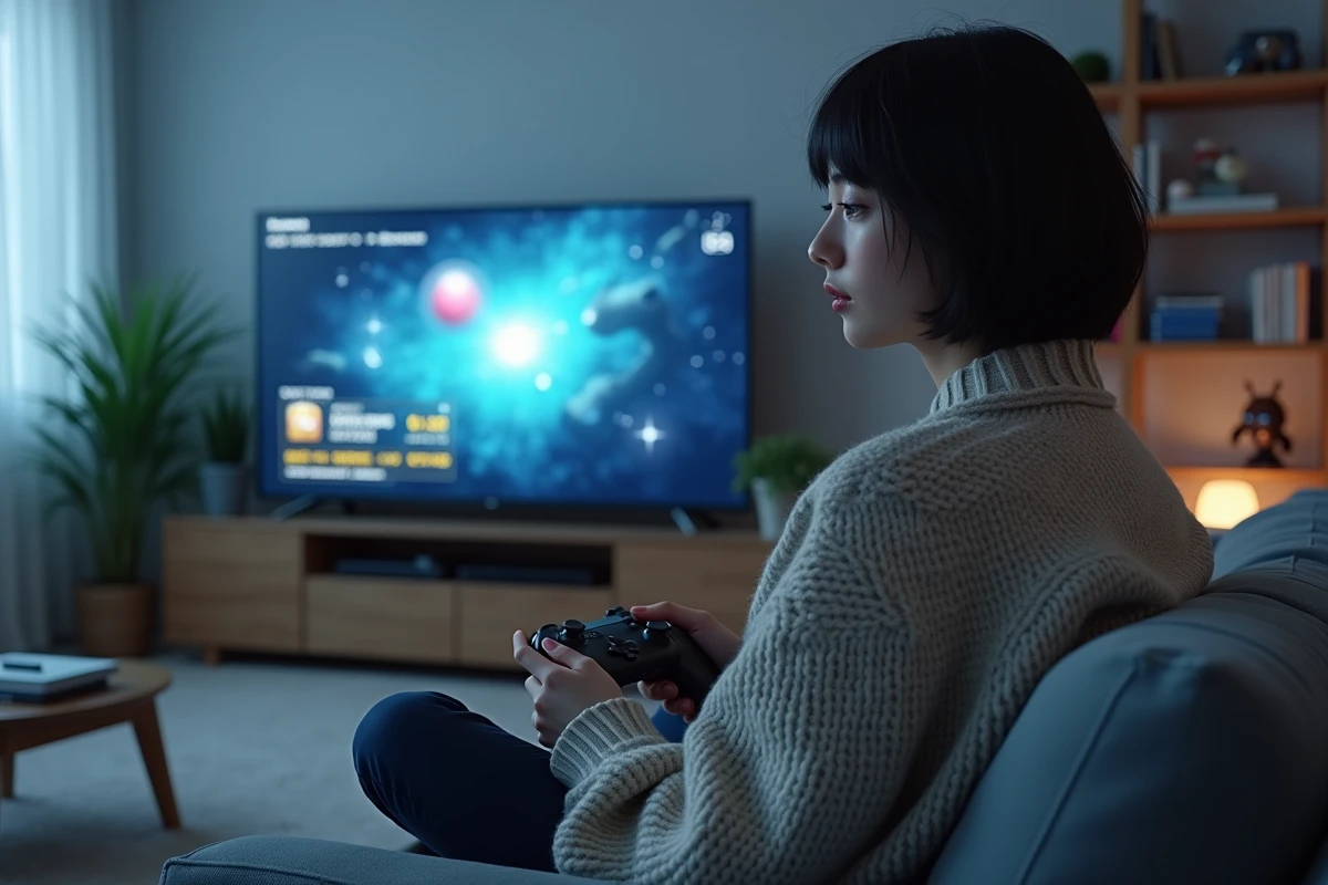 Jeune femme jouant à un jeu anime sur grand écran avec un code rare affiché en pause dans un salon moderne