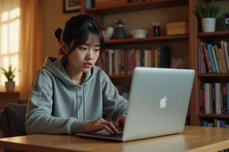 Jeune femme lisant des mangas en ligne sur un ordinateur portable avec une expression prudente, illustrant les précautions à prendre sur des sites comme Crunchyscan