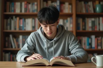 Jeune homme lisant un tome de manga One Punch Man en version française à son bureau