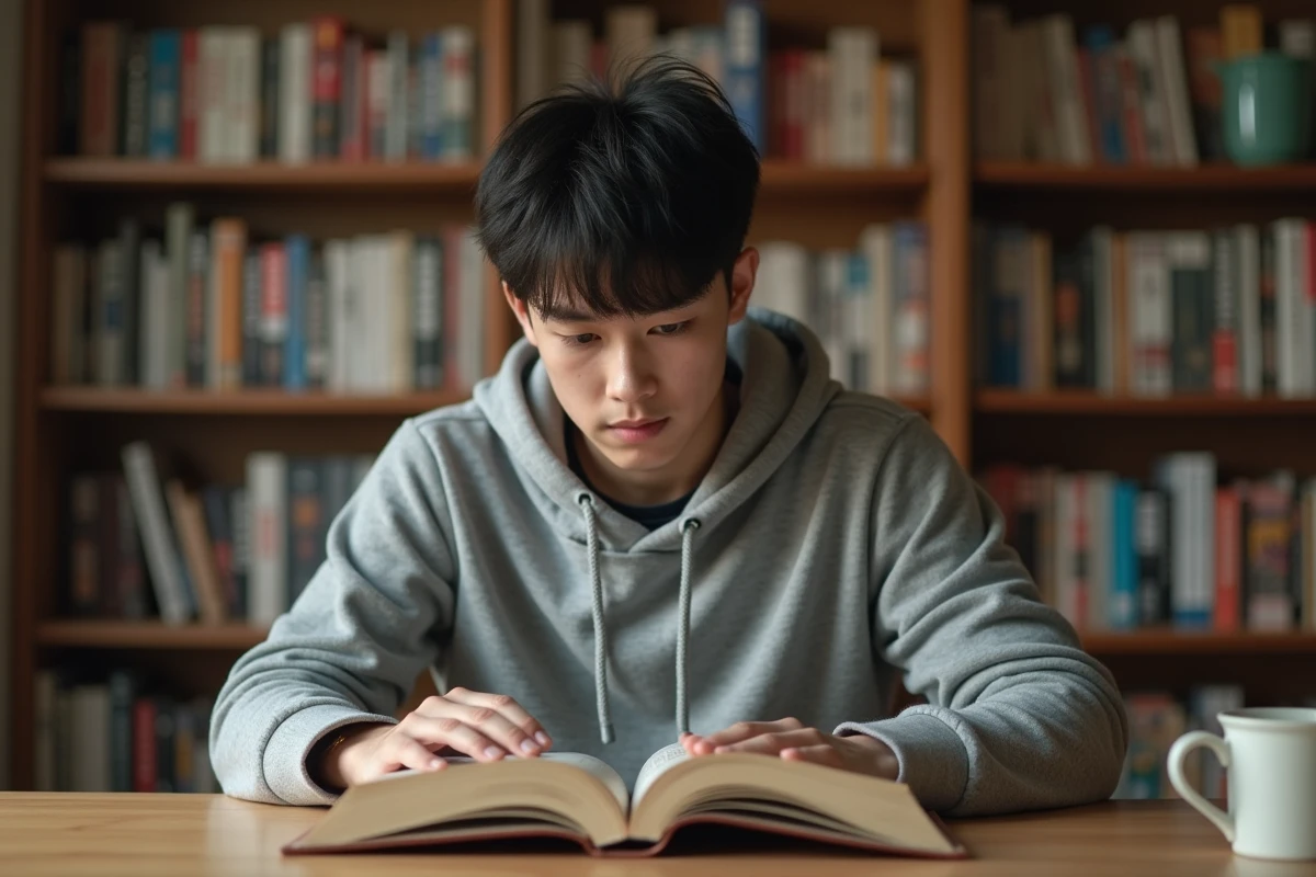 Jeune homme lisant un tome de manga One Punch Man en version française à son bureau