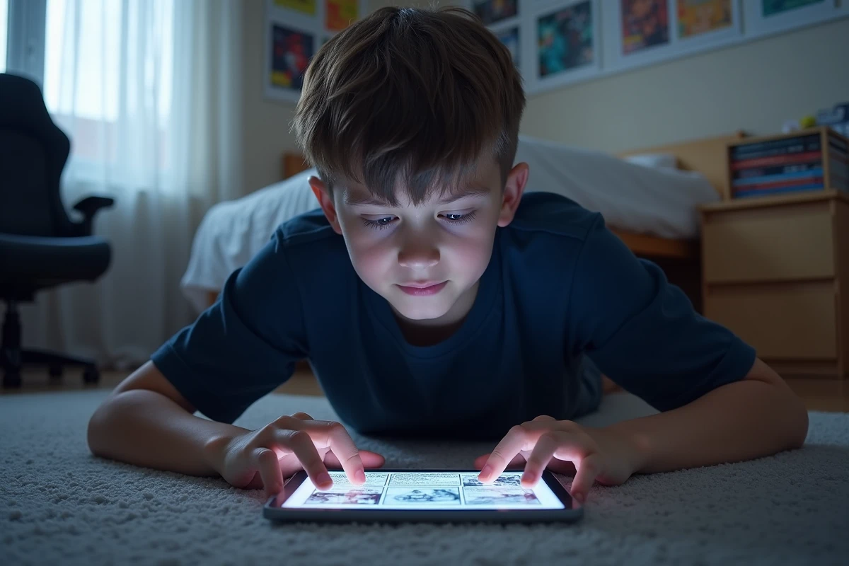 Adolescent lisant des scans de manga One Piece sur une tablette allongé sur le sol de sa chambre