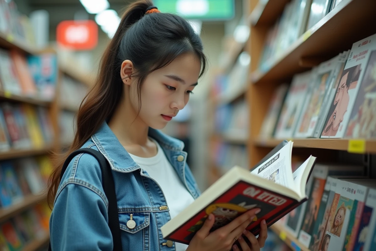 Jeune femme feuilletant un volume de manga One Piece dans une librairie spécialisée manga