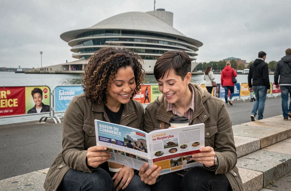 Deux habitantes du Havre consultant le programme du festival Pharenheit près du Bassin du Commerce avec le Volcan de Niemeyer en arrière-plan