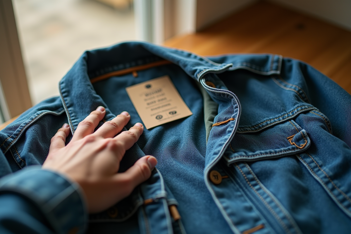 Mains touchant un jean durable sur une table en bois