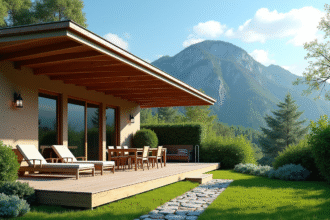 Extérieur d'une maison de vacances moderne avec jardin ensoleillé
