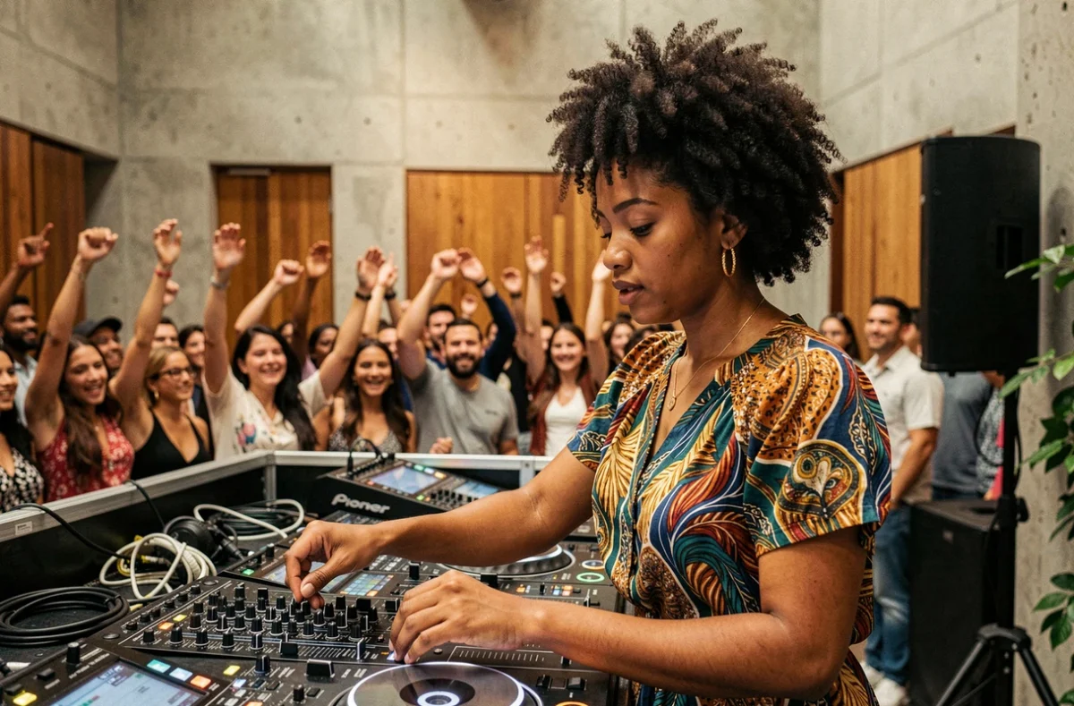 Maka Traore, DJ femme aux cheveux afro, mixant devant un public enthousiaste dans un centre culturel parisien