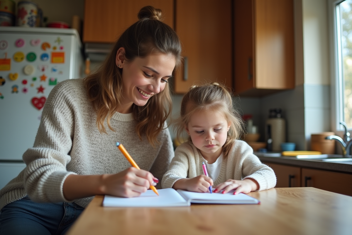Femme aidant sa fille à faire ses devoirs à la maison