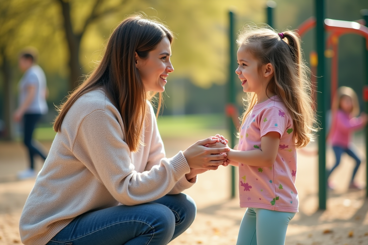 Maman souriante avec sa fille dans un parc en plein air