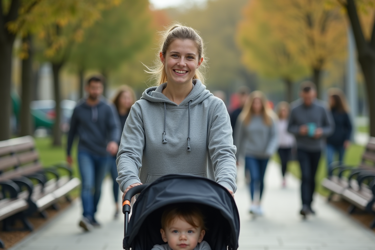 Mère en promenade avec son enfant dans un parc urbain