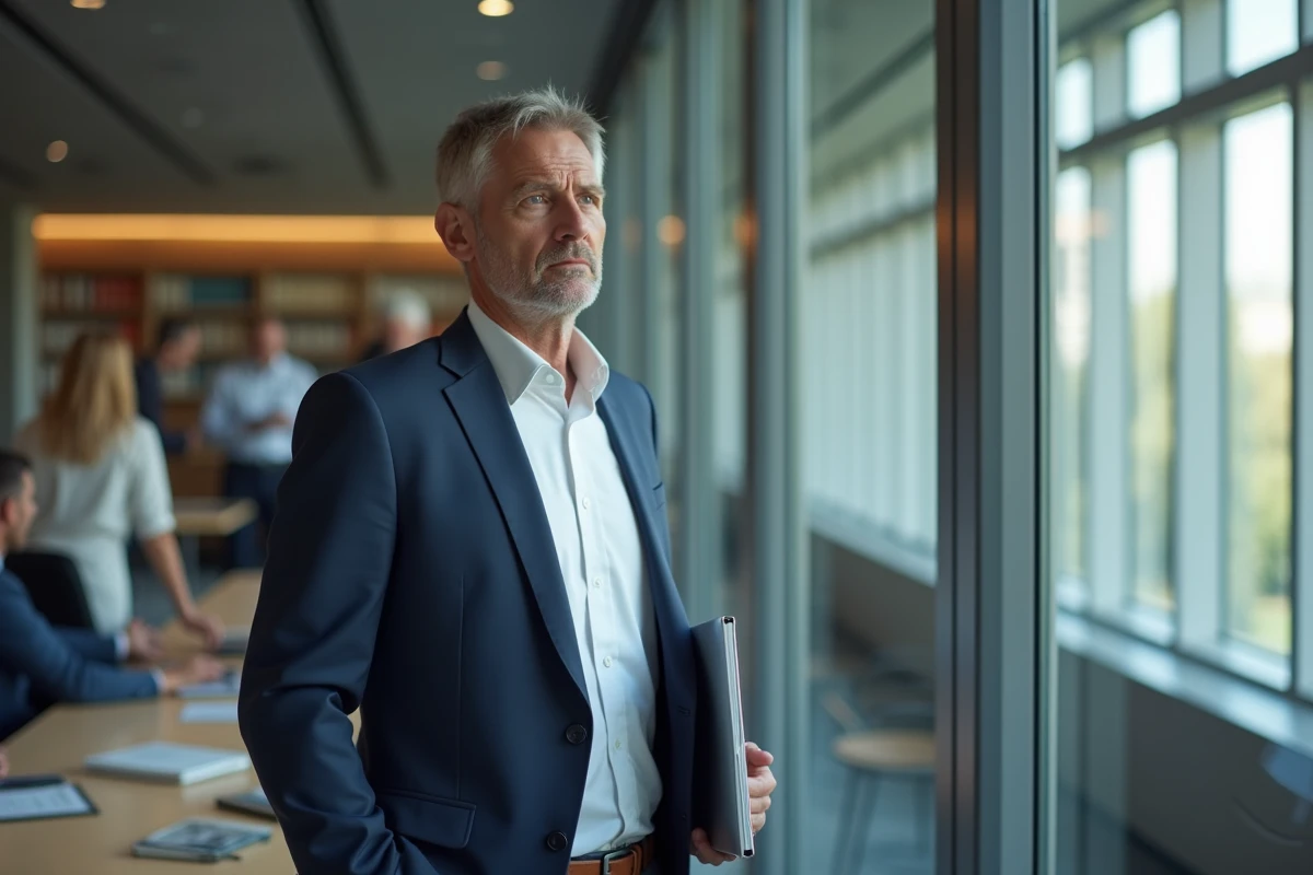 Manager regardant par la fenetre dans une salle de réunion