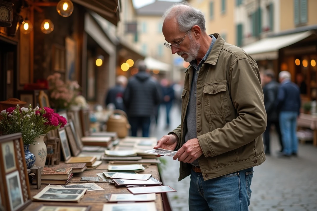 Homme d'âge moyen examinant des cartes postales anciennes au marché