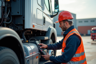 Mécanicien en équipement de sécurité inspectant un camion blanc