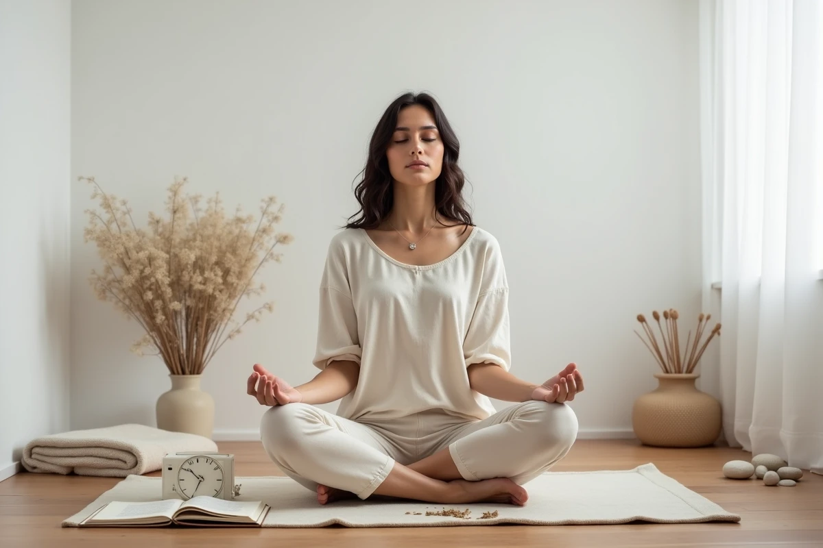 Femme en méditation sur un sol en bois avec un journal ouvert montrant l'heure 21h21, évoquant l'introspection spirituelle et la connexion avec la flamme jumelle