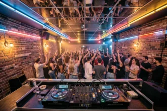 Vue panoramique d'une soirée DJ dans un club parisien avec une foule dansante et une cabine de mixage au centre