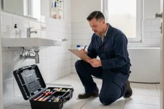Plombier professionnel en uniforme bleu inspectant une salle de bain rénovée en Haute-Vienne