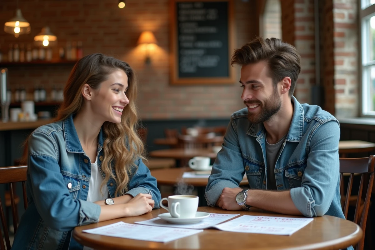 Deux étudiants s'entraînant mutuellement à mémoriser les capitales avec des cartes quiz dans un café