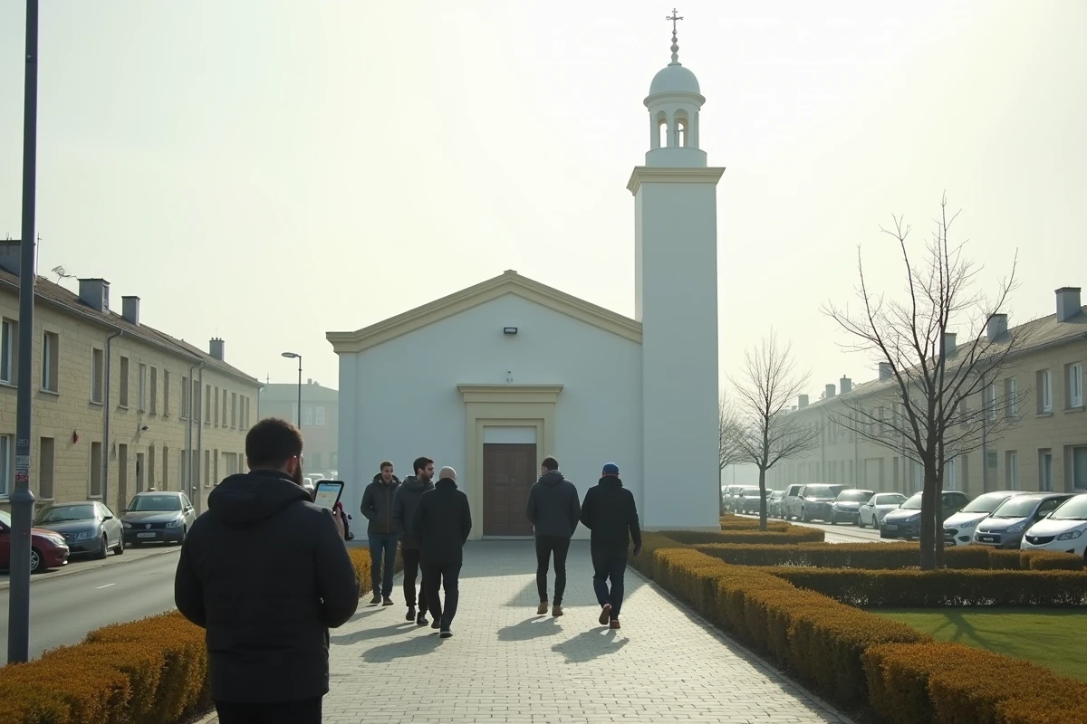 Vue extérieure d'une mosquée à Mantes-la-Jolie avec des fidèles consultant les horaires de prière