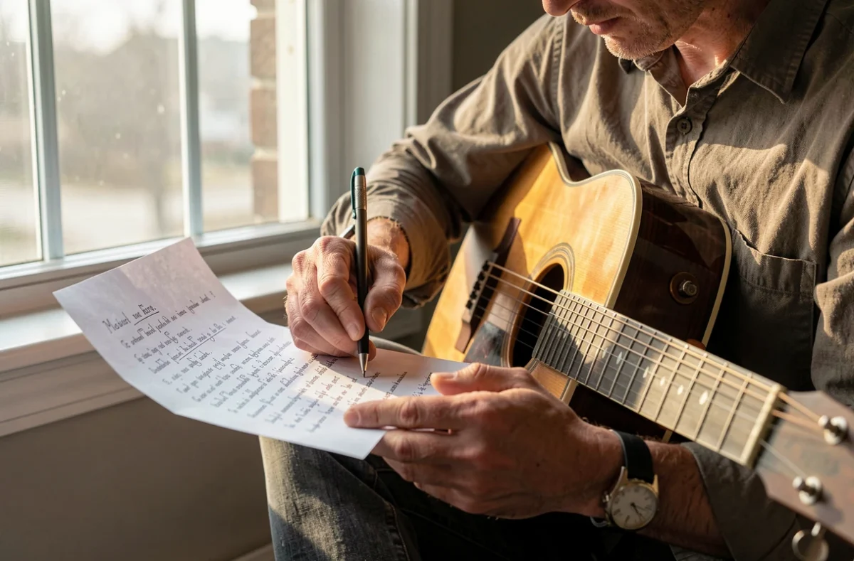 Musicien écrivant des paroles de chanson près d'une guitare