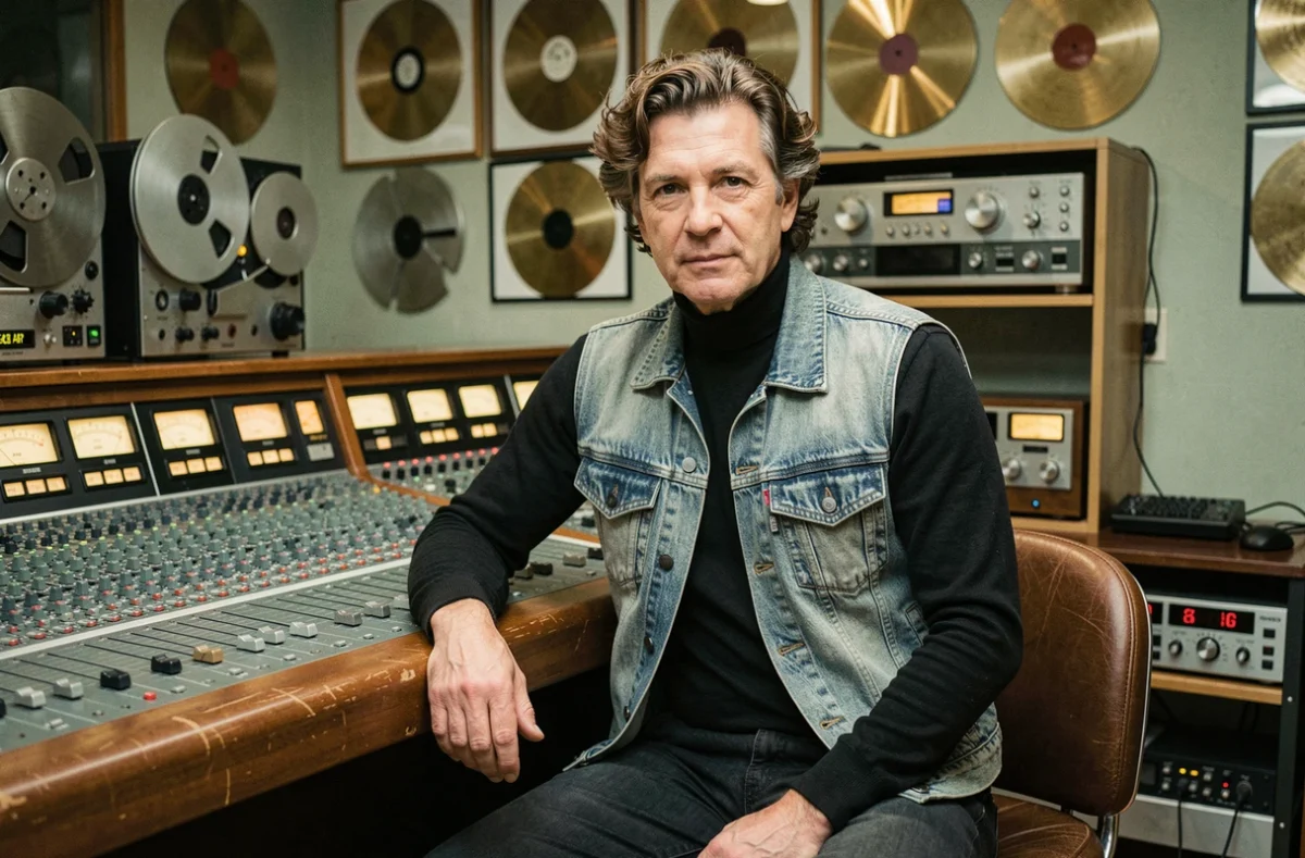 Musicien rock américain des années 70-80 dans un studio d'enregistrement vintage avec console analogique et magnétophones à bobines