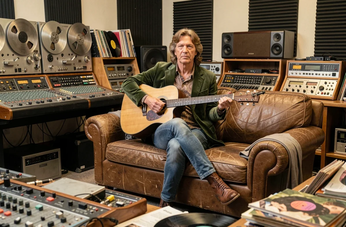 Musicien rock britannique des années 70 dans un studio d'enregistrement vintage avec guitare acoustique et équipements analogiques