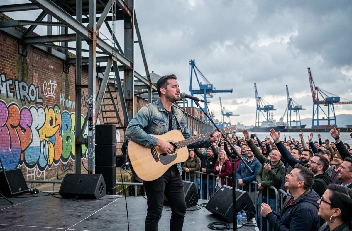 Musicien jouant de la guitare acoustique sur une scène en plein air du festival Pharenheit dans le quartier industriel du Havre