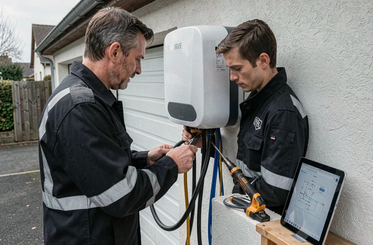 Électricien Nancy Électricien installant une borne de recharge IRVE sur un garage résidentiel à Nancy