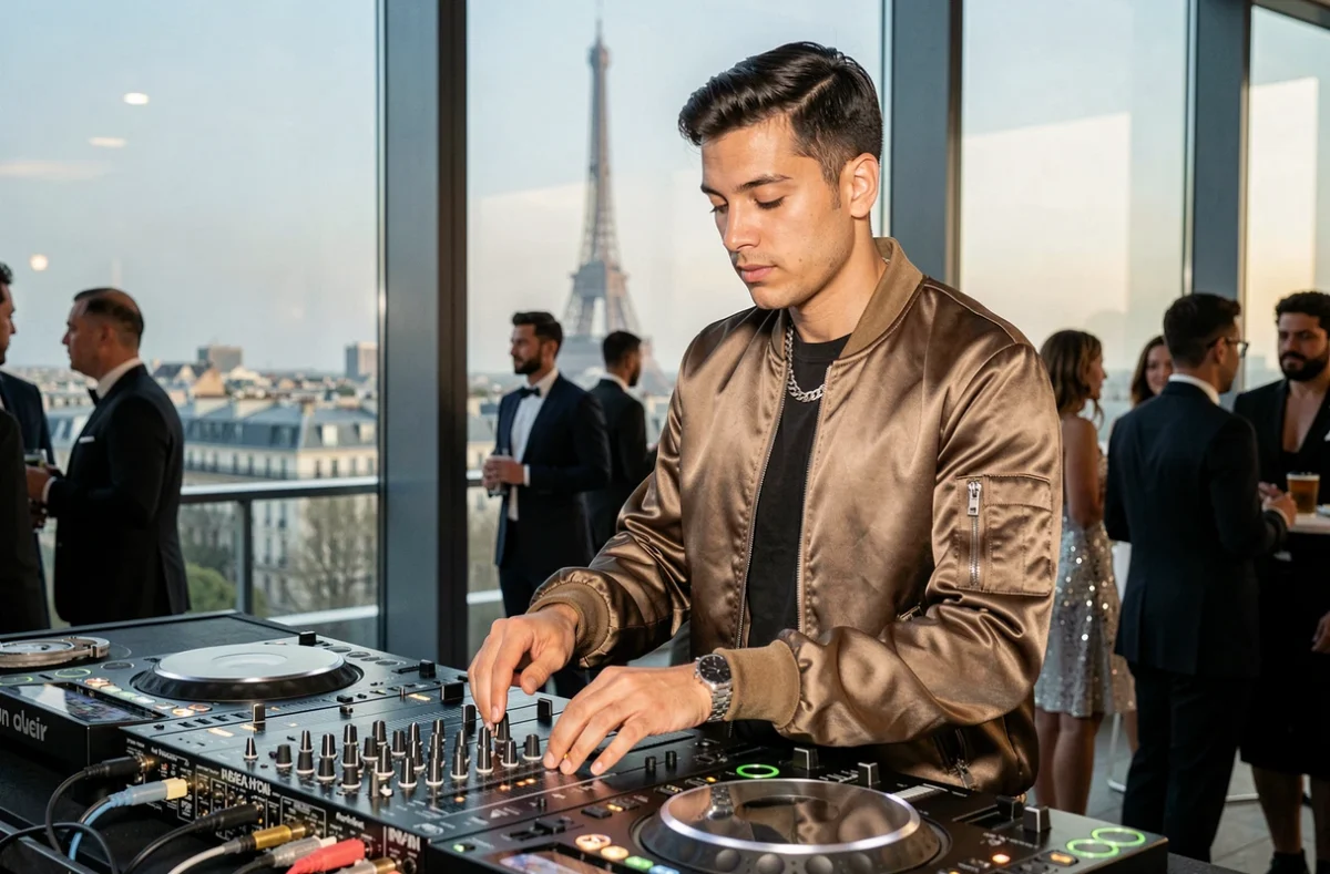 Neo Tony Lee en performance dans un rooftop parisien avec la skyline de Paris en arrière-plan