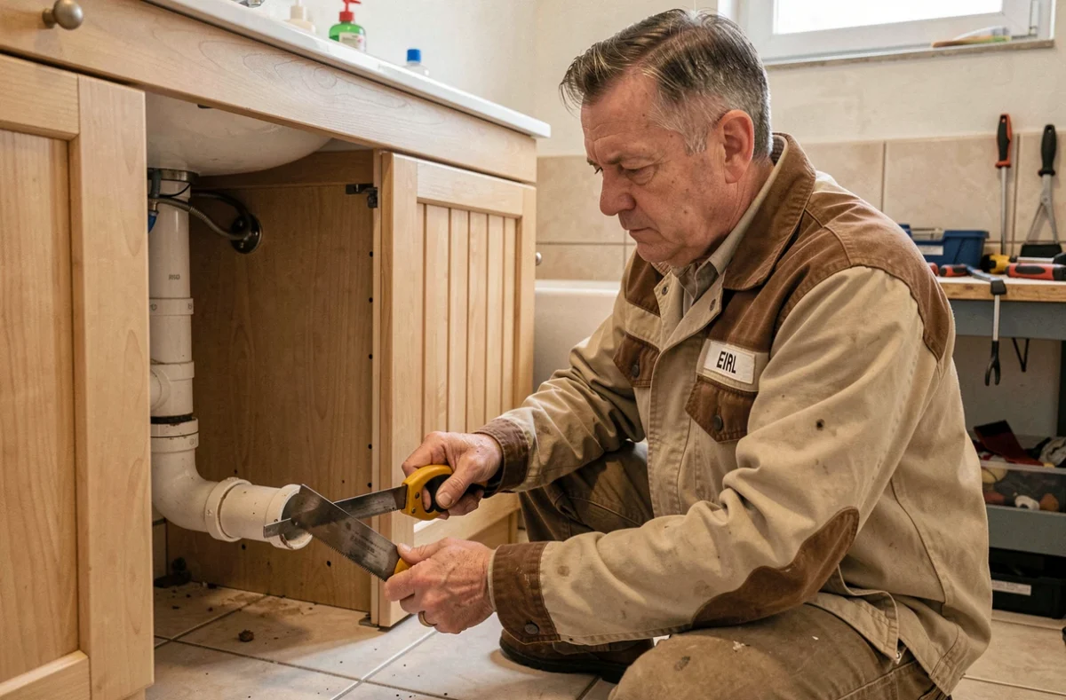 Norbert EIRL, artisan plombier, remplaçant un tuyau PVC sous un meuble de salle de bain en Haute-Vienne