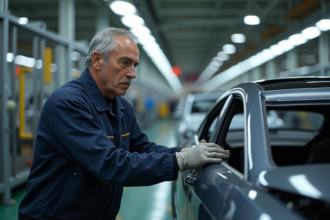 Ouvrier homme en usine automobile examinant une voiture