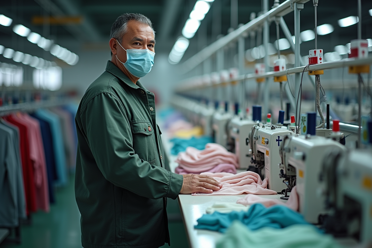 Ouvrier textile dans une usine avec machines à coudre industrielles