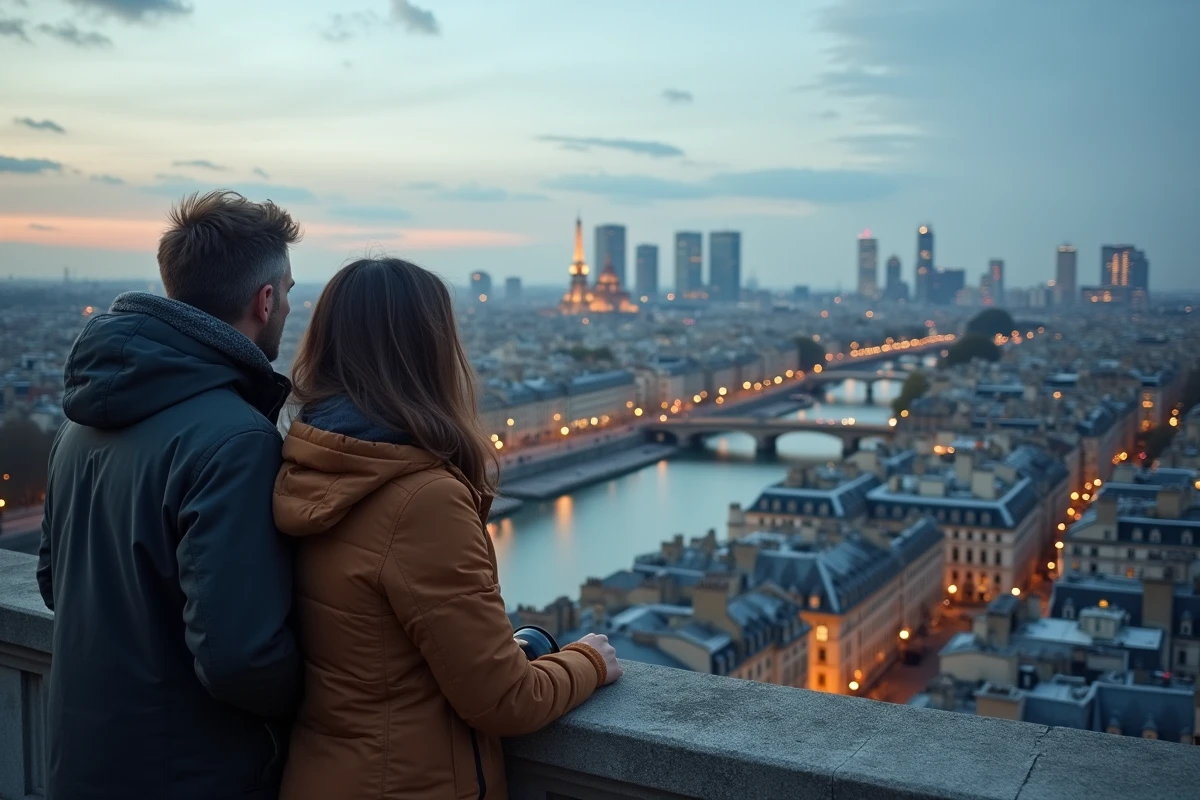 Vue panoramique d'une grande ville française depuis un belvédère avec couple observant les toits et la skyline urbaine