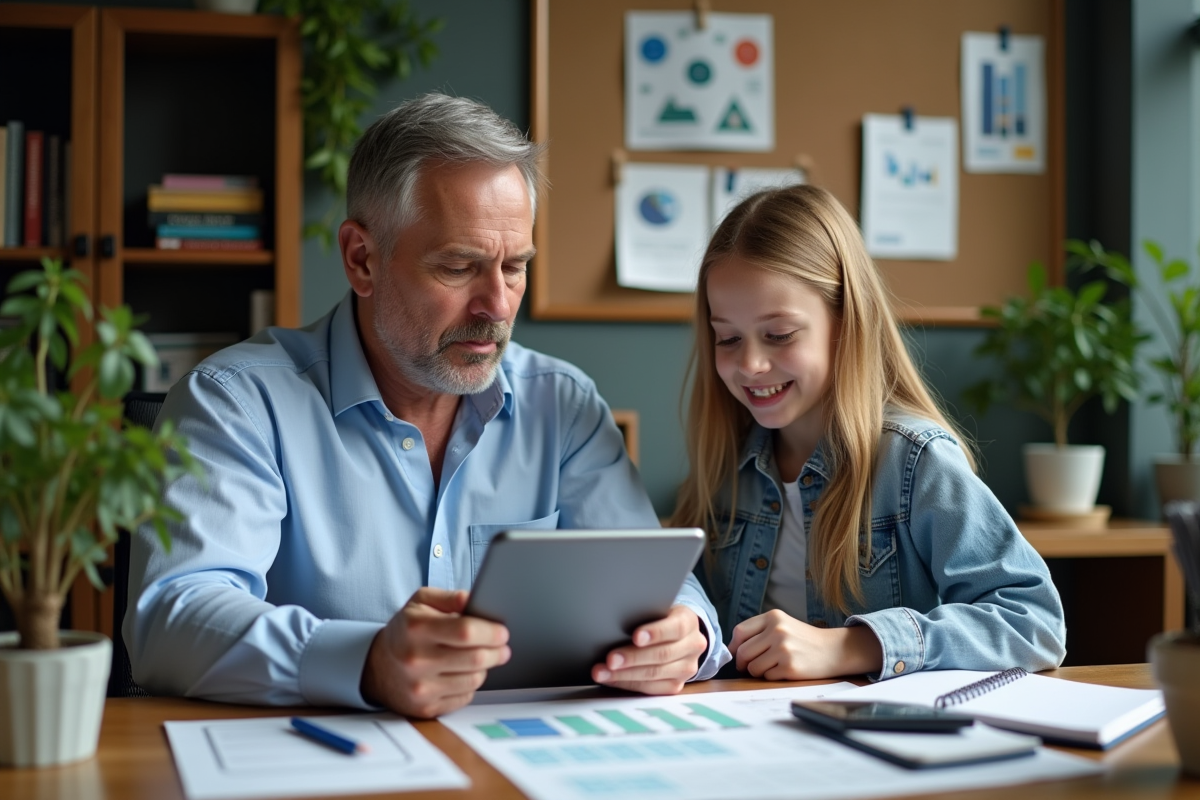 Pere et fille étudient un graphique dans le bureau à la maison