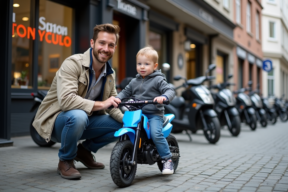 Père et fils avec mini moto dans la rue