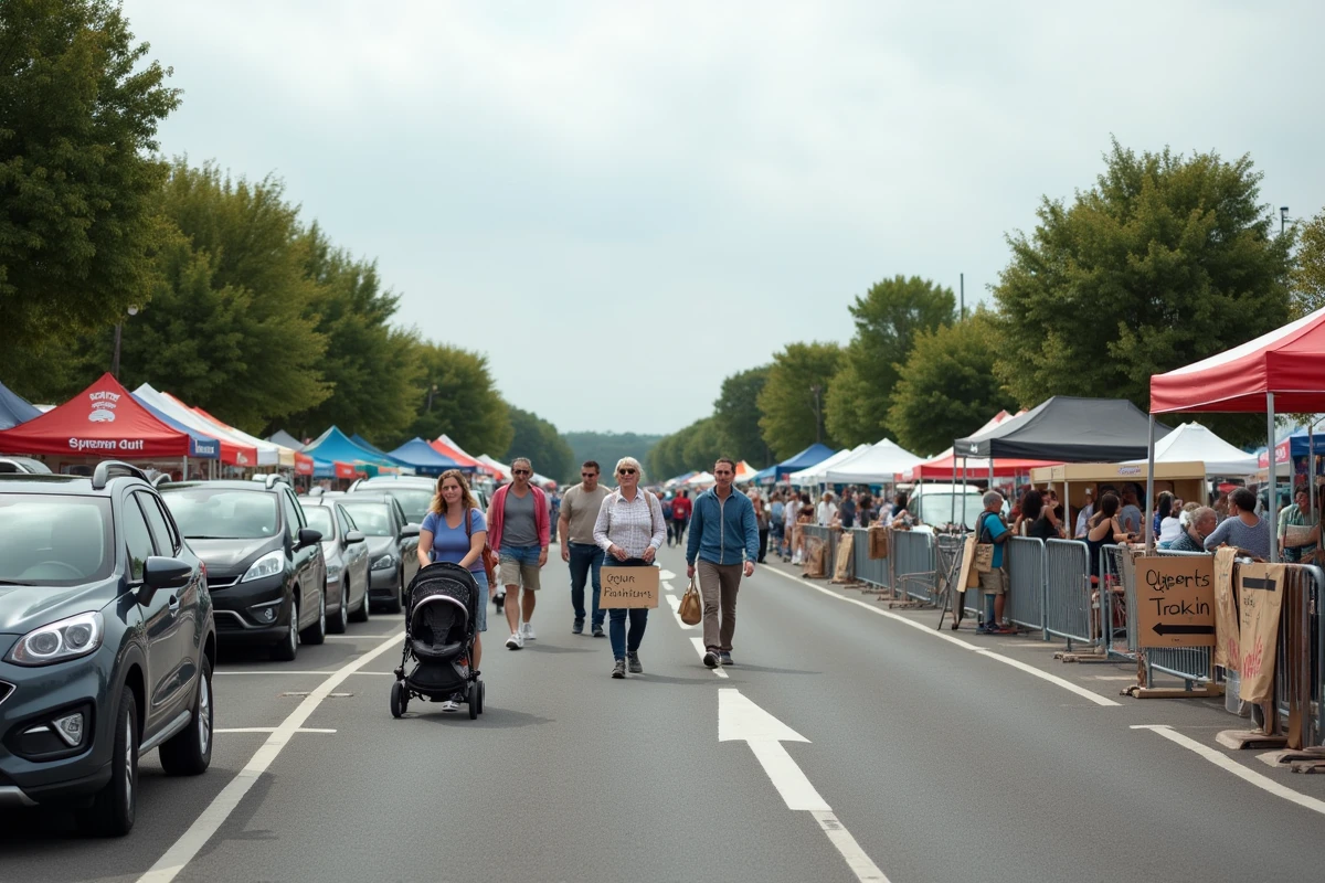 Parking organisé pour visiteurs d'un vide grenier du week-end dans le département du Maine-et-Loire