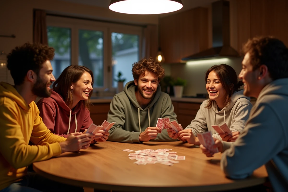 Groupe de cinq amis adultes en pleine partie de cartes autour d'une table lors d'une soirée conviviale