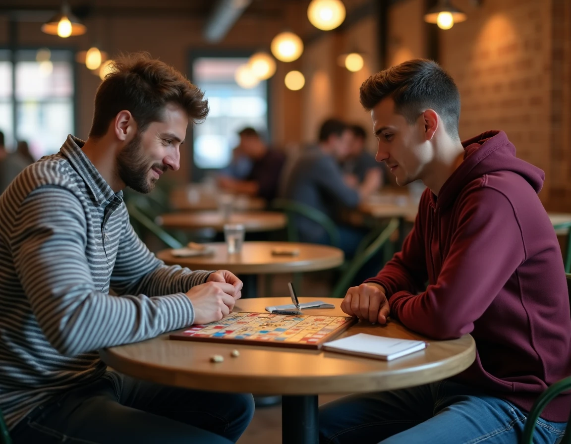 Deux joueurs de Scrabble dans un café, l'un prenant des notes discrètes sous la table pendant la partie