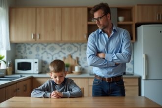 Pere strict avec son fils dans la cuisine moderne