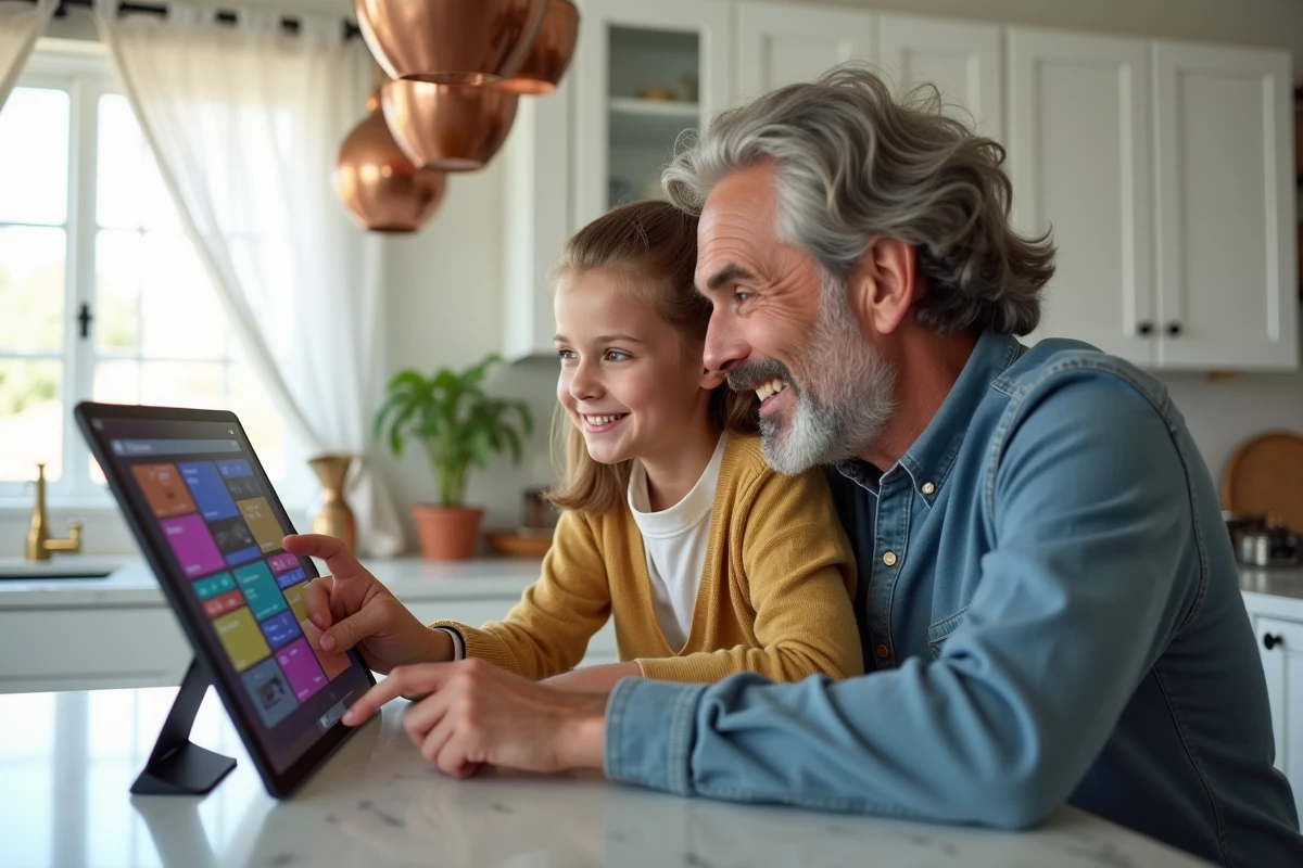 Père et fille consultant un programme télé sur tablette dans une cuisine moderne