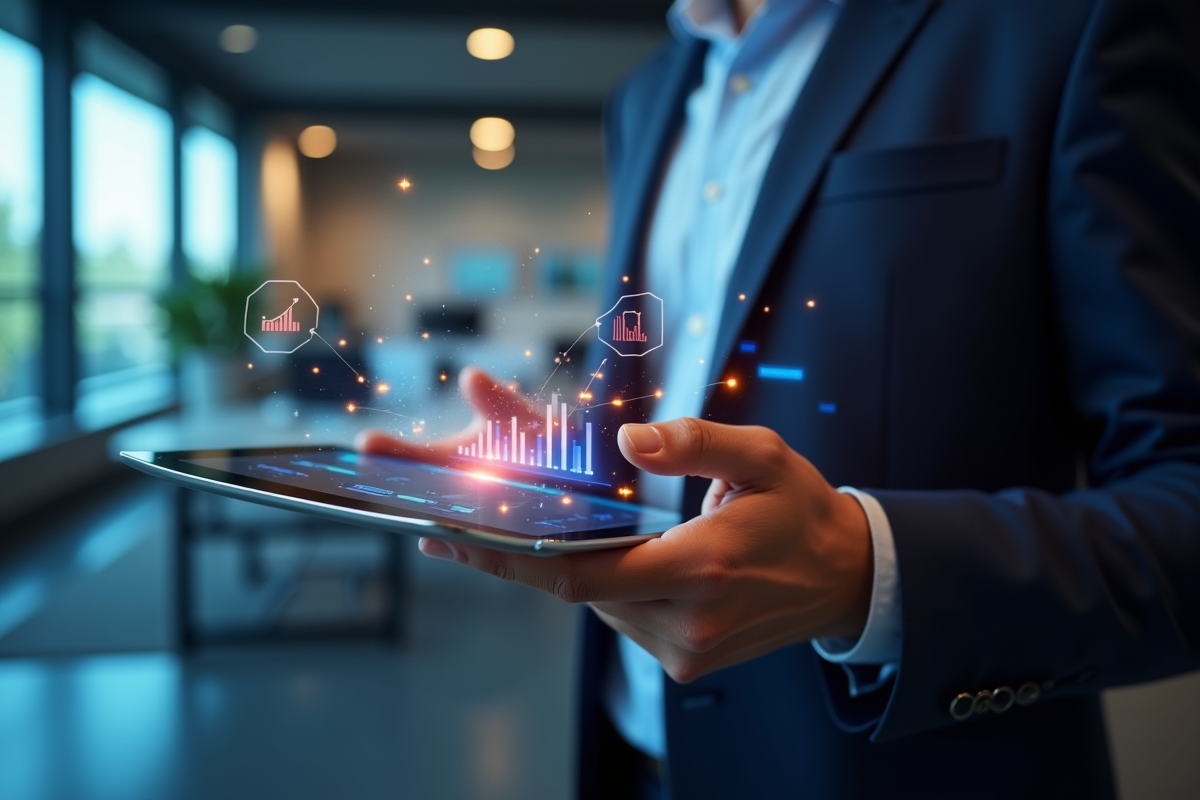 Personne tenant une tablette avec interface digitale moderne
