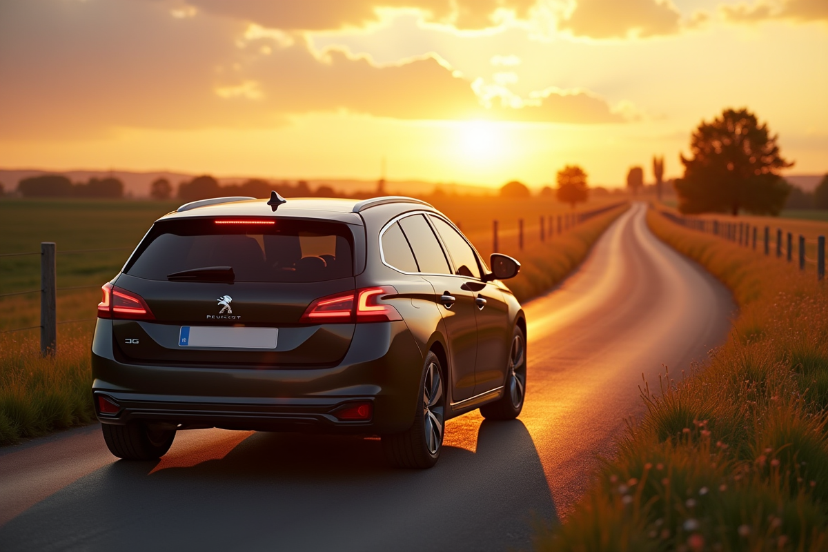 Peugeot 308 SW en campagne au coucher du soleil
