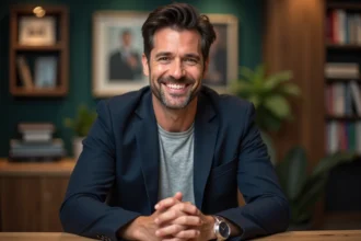 Philippe Coelho animateur télévision souriant dans un studio de tournage moderne