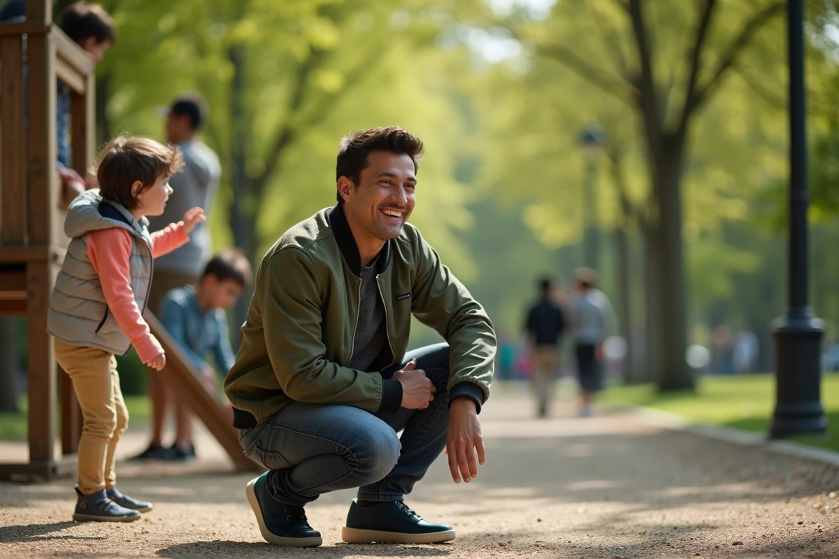 Philippe Coelho en famille dans un parc urbain avec ses enfants dans un moment complice