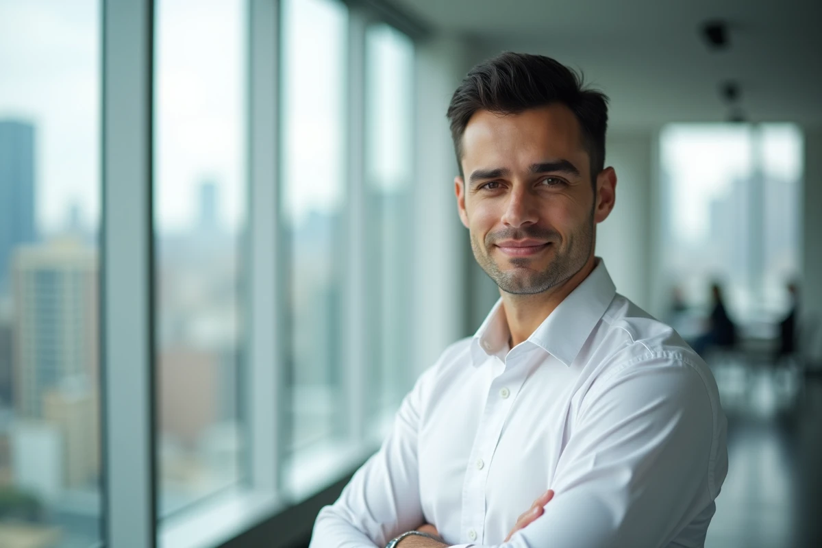 Philippe Coelho personnalité médiatique en environnement professionnel moderne avec vue sur la ville
