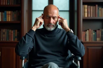 Homme chauve en fauteuil roulant concentrant ses pouvoirs de télépathie dans une bibliothèque sophistiquée, évoquant Charles Xavier des X-Men