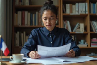 Femme préparant son entretien de naturalisation avec des documents imprimés et des notes manuscrites sur un bureau en bois