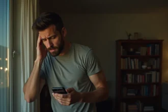 Homme enregistrant un tapage nocturne avec son smartphone contre le mur de son appartement