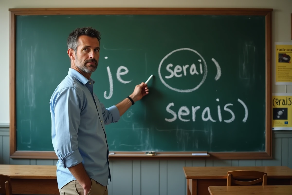Professeur de français expliquant la différence entre je serai et je serais au tableau