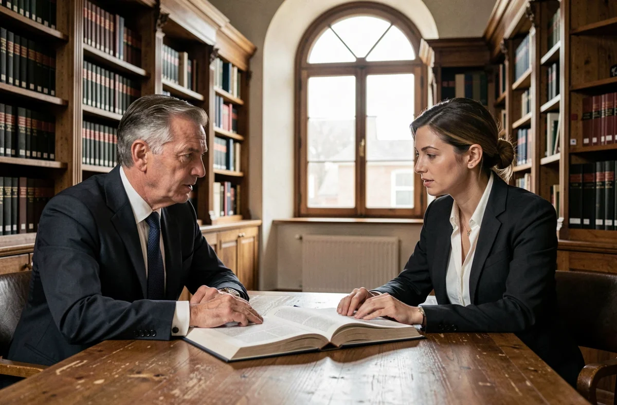 Deux professionnels du droit discutant de l'article 750-1 du Code de procédure civile dans une bibliothèque juridique universitaire