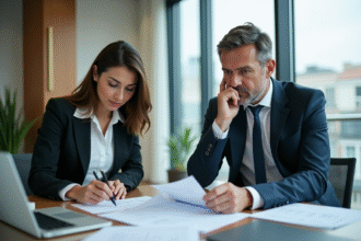 Deux professionnels en réunion dans un bureau moderne