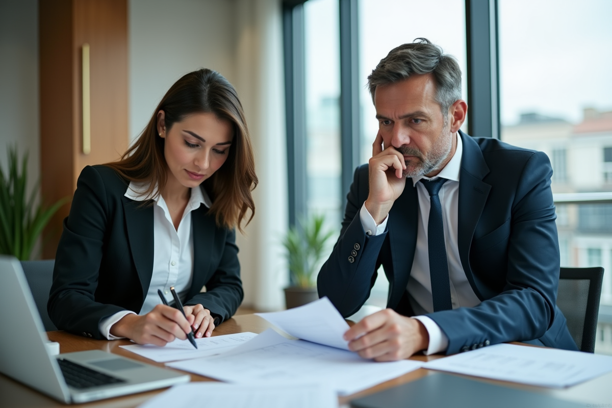 Deux professionnels en réunion dans un bureau moderne